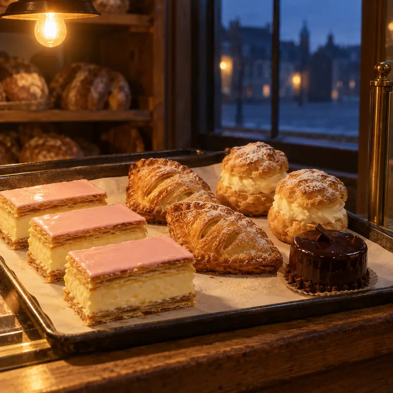 Schaal met tompoucen, appelflappen, slagroomsoezen en een chocoladegebakje.