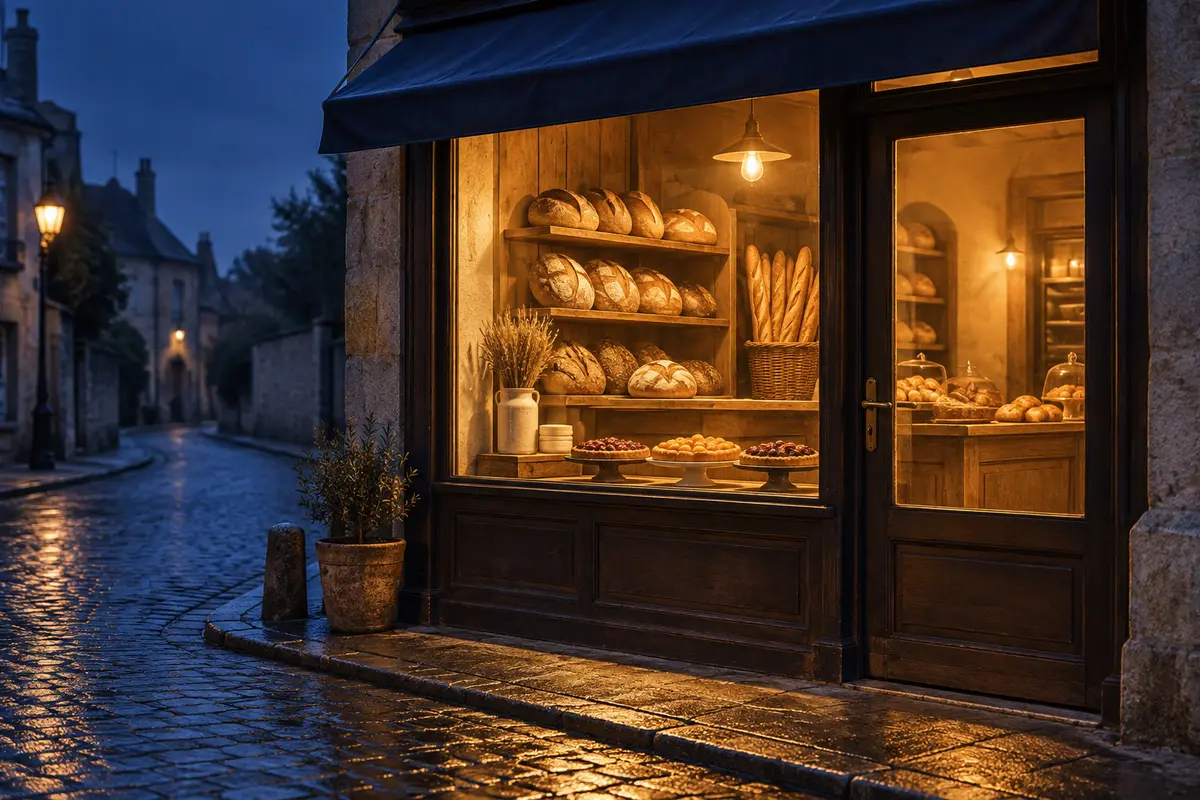 De bakkerij in het blauwe uur voor zonsopkomst: achter het grote raam brandt warm licht op planken vol brood en een toonbank met vlaai. Het licht valt op de natte straatstenen.