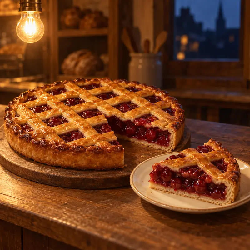 Kersenvlaai met een rooster van deeg op een houten plank. Eén punt ligt op een bordje.