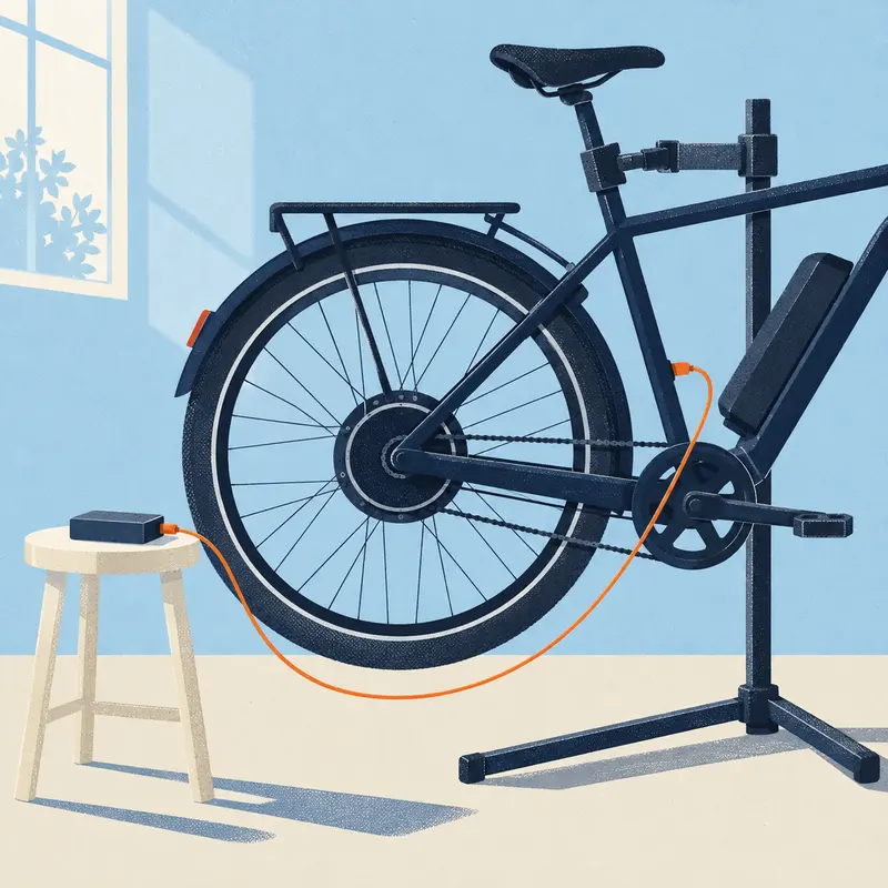 Het achterwiel van een e-bike in de montagestandaard, met een oranje kabel naar het uitleesapparaat op een krukje