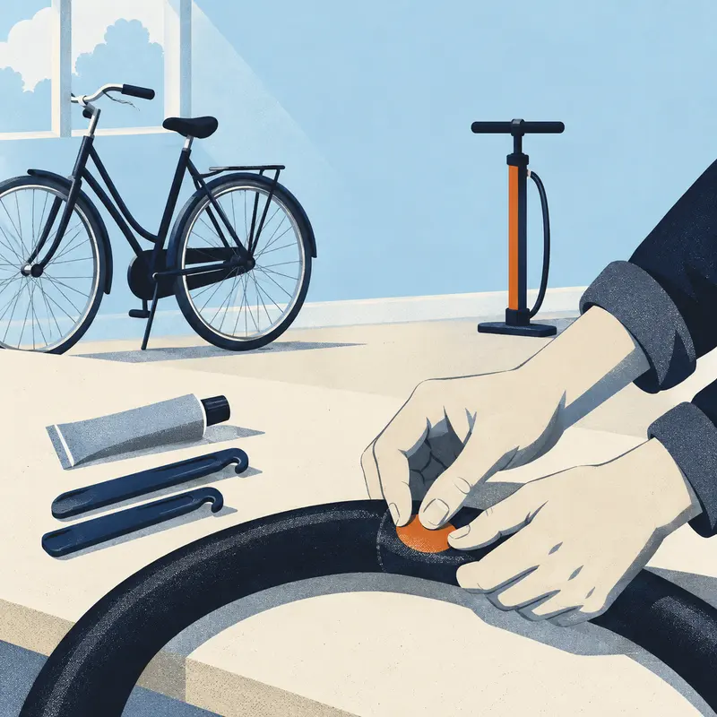 Twee handen drukken een oranje plakker op een binnenband op de werkbank; ernaast een tube lijm en bandenlichters, daarachter een voetpomp